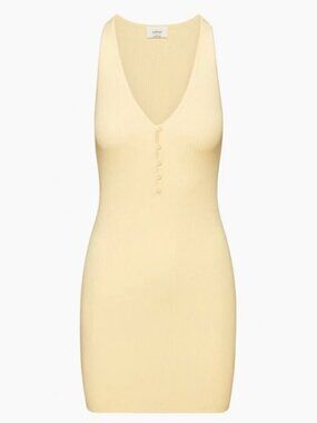 Aritzia Wilfred Affinity Ribbed Knit V-Neck Mini Dress NWT Tapioca Yellow Medium
